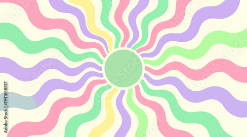 Pastel abstract radial wave sunburst featuring soft, twisting rainbow rays emanating from a central mint circle.