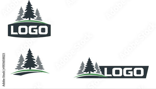 Pine Tree Logo Pack - Minimal Forest Fir Trees with Green Ground Wave, Gray Black Silhouettes, Eco Outdoor Adventure Brand Emblems Vector Set