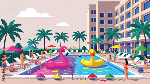 People celebrating holi festival at luxury resort swimming pool with colorful powder and inflatable floats under palm trees during sunny day vacation travel destination holiday fun leisure activity