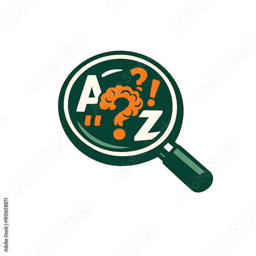 Quiz Trivia Icon - Magnifying Glass with Brain Puzzle, Question Marks and A to Z Alphabet, Green Orange Cartoon Illustration for Brain Teaser Game App