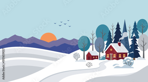 Snowy winter village landscape with a red cottage, pine trees, and the sun setting behind snow-covered hills
