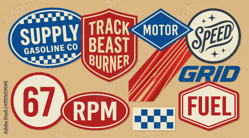 Vintage automotive racing signs collage featuring RPM, fuel logos, track banners, speed grid and retro gas station insignias