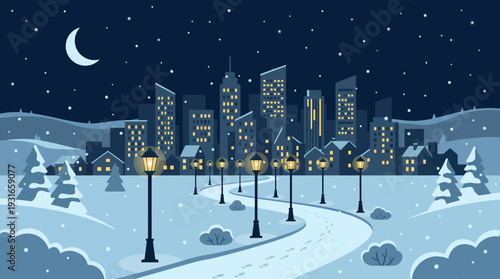 Snowy city skyline at night with crescent moon, starry sky, glowing street lamps, and a winding snow-covered path