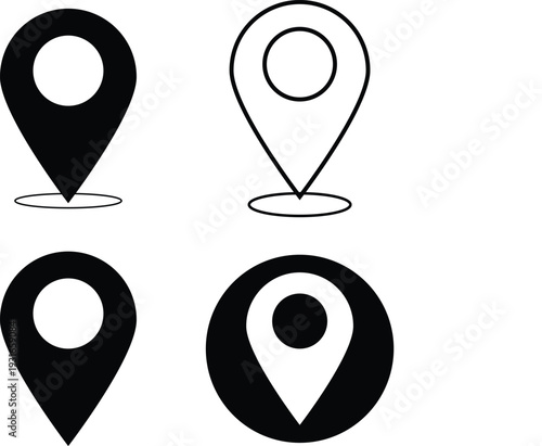 Location icon. Map pin and GPS marker symbol in flat, outline, glyph, and colored styles. Minimal vector design isolated on white background with centered composition and clean white space.