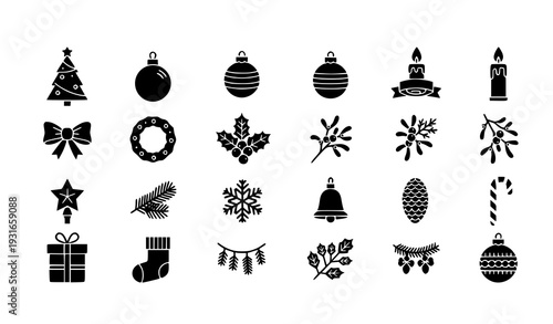 Monochrome Black Christmas Ornaments and Festive Foliage Icon Set