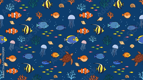 Colorful underwater sea life pattern featuring fish, jellyfish, starfish, coral and seaweed on a deep blue background for textiles, wallpaper and decor
