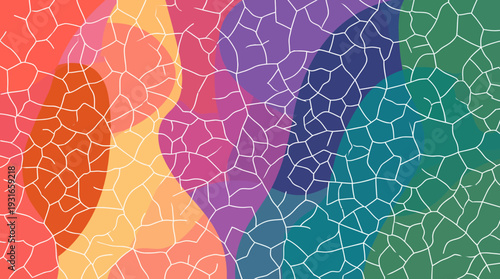 Vibrant multicolor abstract mosaic with irregular cracked patterns and flowing color bands across the rainbow spectrum