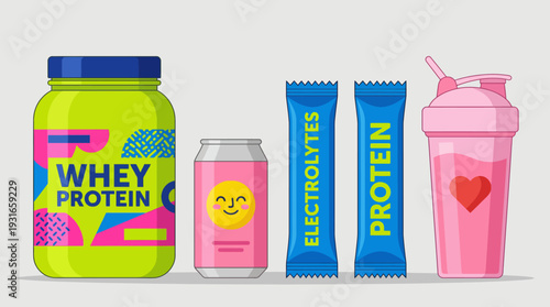 Colorful assortment of whey protein tub, protein sachets, and pink shaker bottle for gym, fitness, and sports nutrition.