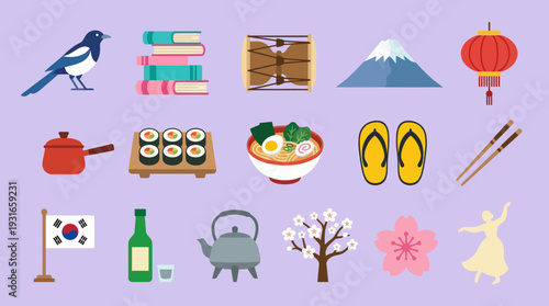 Vibrant collage of cultural and travel icons including a blue bird, books, a chest, a mountain, a red lantern, a Korean flag, soju bottle, cookies, bowls, chopsticks, sandals and blossoms