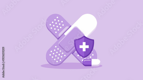 Illustration of band-aids and a first aid icon on a purple background