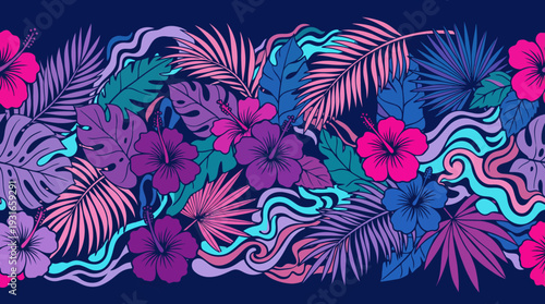 Vibrant tropical floral pattern featuring hibiscus blooms and palm leaves in blue, purple, and magenta hues