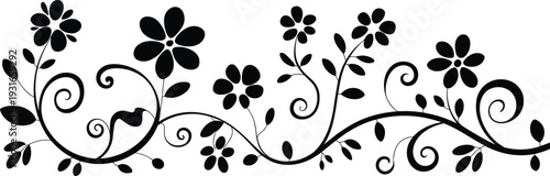Floral decorative silhouette vector illustration with elegant flowers and swirling vines—ideal for ornamental artwork lifestyle branding invitation design and floral themed creative projects
