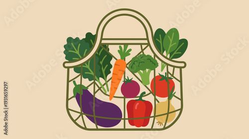 Fresh vegetables in a reusable tote bag: eggplant, carrot, tomato, bell pepper and greens