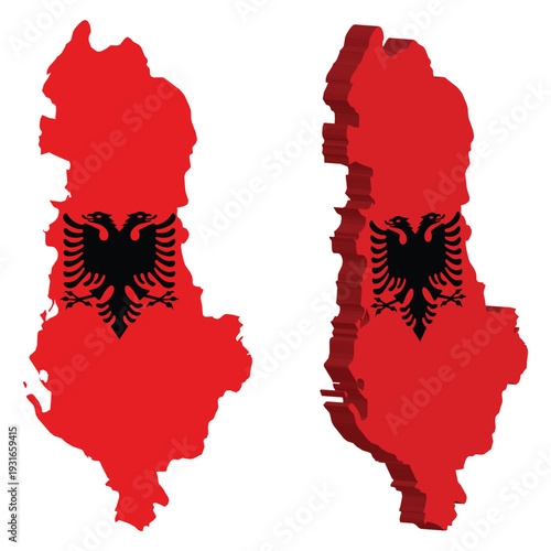 Albania map silhouette with national emblem on red background