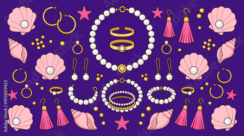 Vibrant purple background display of pearl and beaded jewelry including necklaces, bracelets, rings, earrings, tassels and seashell accents
