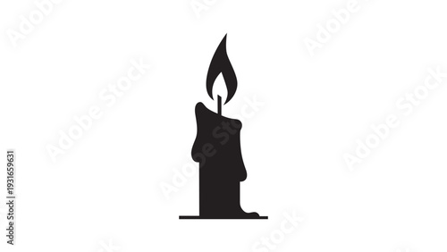 A black silhouette vector illustration of a candle with a slanted flame against a white background The candle is depicted simply with a slightly melted base.