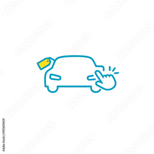 Car Pointing Hand Icon – Touch Buy Sell Vehicle Price Tag Blue Line Art Vector Illustration