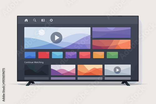 Smart TV Streaming Interface Illustration – Modern Home Screen Mockup with Gradient Content, Continue Watching Carousel, Dark Mode UI Concept