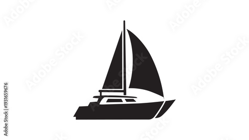 Silhouette vector illustration of a catamaran sailboat on a white background. 