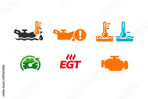 Car dashboard warning icons set vector oil coolant temperature EGT engine flat design
