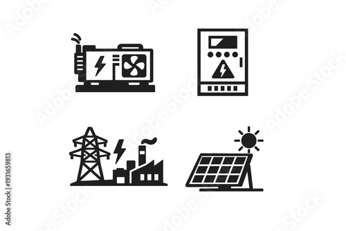 Energy and Power Industry Icons Set – Generator Electricity Warning Solar Panel Factory Vector