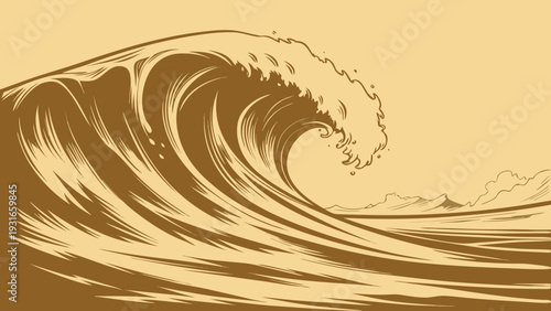 Powerful ocean wave cresting in a vintage sepia tone.