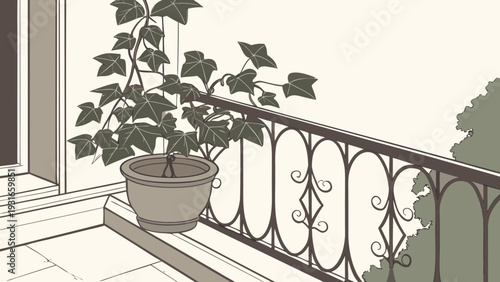 Potted plant on a balcony with ornate railing minimalist illustration.