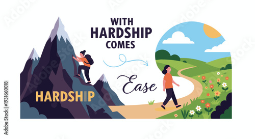 Inspirational Journey Through Contrasting Landscapes With Hardship And Ease In Vibrant Flat Design For Motivational Poster