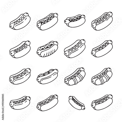 Hot Dog Doodle Pattern Simple Outline Food Icons Minimalist Fast Food Graphics