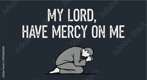 Praying Man in Gray Robe with Merciful Quote in Simple Illustration Style on Dark Background for Spiritual Inspiration