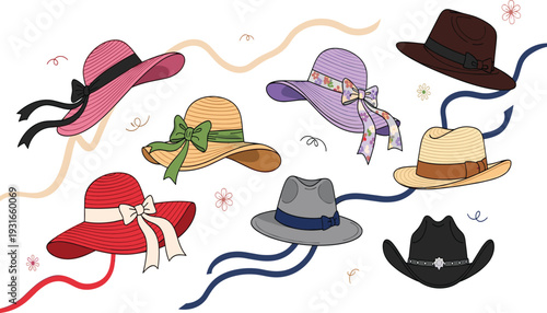 Collection of Stylish Summer Hats and Fashion Headwear Icons Including Straw Sun Hats, Cowboy Hats, and Elegant Fedoras for Travel, Vacation, and Apparel Design