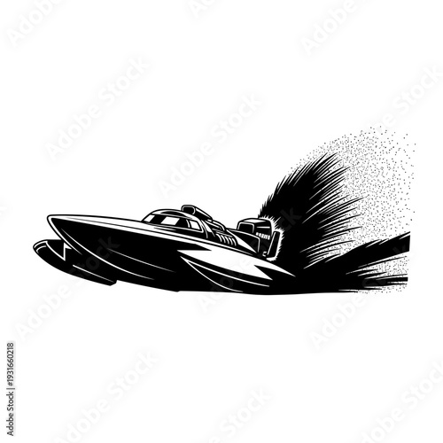 Black and white illustration of a speedboat racing across the water.