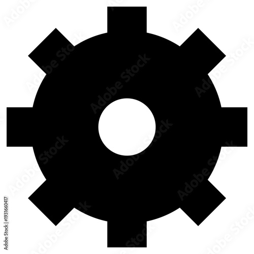 Single solid black gear icon, mechanical cogwheel symbol for settings and configuration, minimalist industrial vector illustration