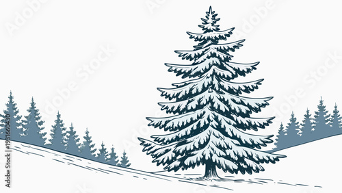Snowcovered fir tree in a winter landscape with other evergreen trees.