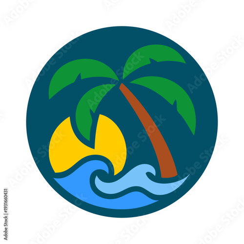Logo agencia de viajes. Vacaciones de verano. Dibujo sencillo con siluetas de un paisaje con la palma, sol y olas de mar en círculo 
