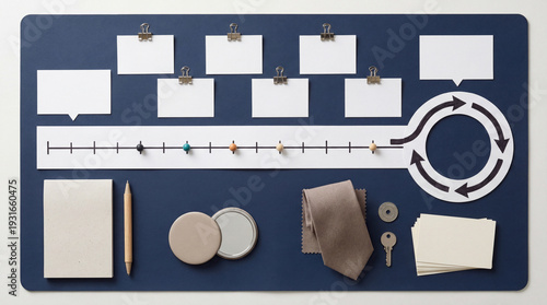 Job Interview Preparation Timeline Infographic Template, Mixed Media Flat Lay With Real Objects, Timeline Workflow Diagram For Career Coaching, No Text.