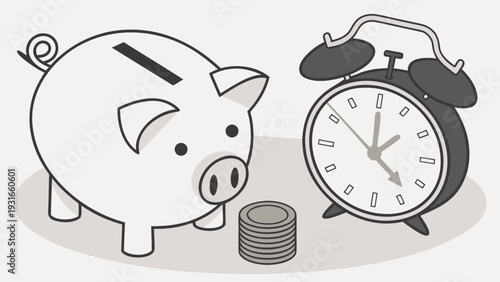 Time and Money Management Concept with Piggy Bank and Alarm Clock.