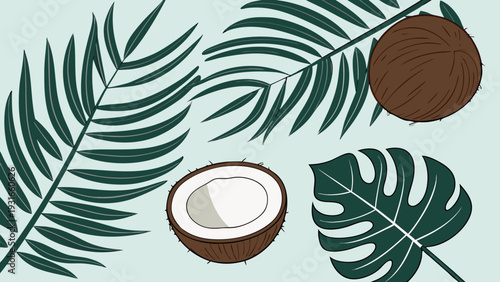 Tropical Coconut and Palm Leaves Illustration.