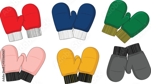Winter Mittens Icon Set with Multiple Colors Featuring Red, Blue, Green, Pink, Yellow, and Grey Gloves for Seasonal Cold Weather Fashion and Outdoor Clothing