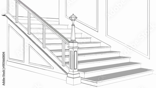 Architectural drawing of a classic wooden staircase with railing and newel post.