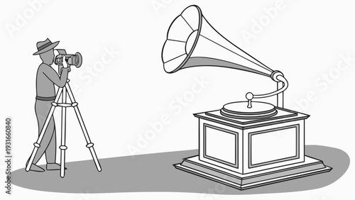 Cameraman filming a vintage gramophone capturing historical sound technology.