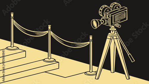 Vintage Film Camera and Red Carpet Ropes on a Dark Background.