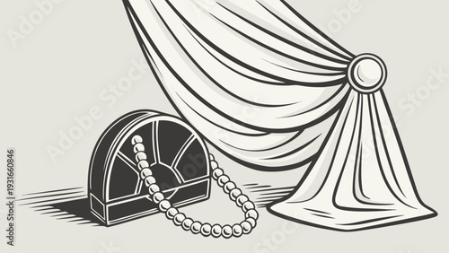 Vintage Engraving Style Illustration of a Pearl Necklace and a Jewelry Box Next to a Draped Curtain.