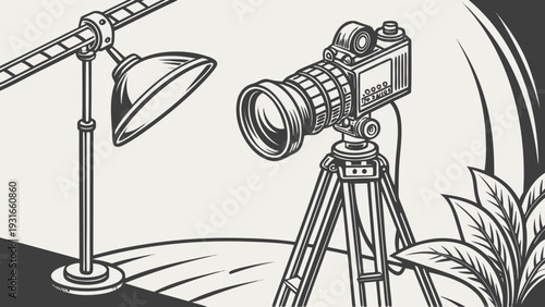 Vintage Film Camera and Studio Light Setup for Professional Photography or Videography.