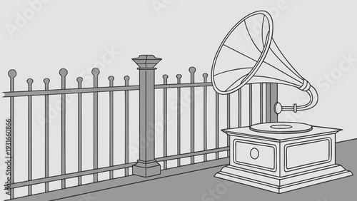 Vintage Gramophone with Ornate Iron Fence.