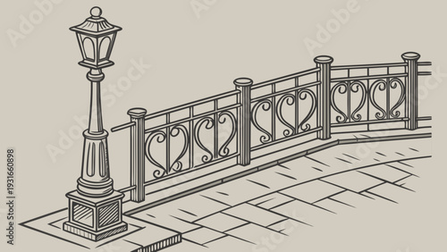 Vintage Streetlight and Ornate Railing Sketch.