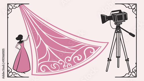 Woman in elegant dress with flowing fabric and vintage camera.