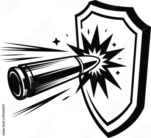Bullet hitting shield vector illustration, bold protection design with motion lines, burst effect, defense motifs, resilience, and security elements
