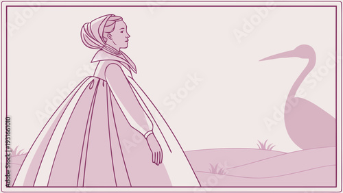 Woman in period dress observes a large bird silhouette.