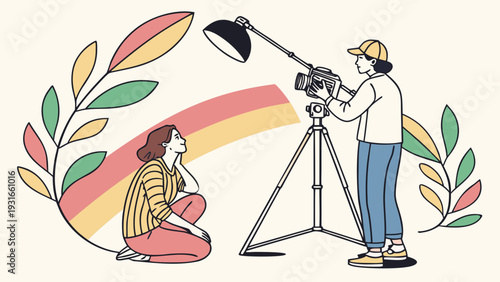 Woman posing for a photoshoot with a photographer and lighting equipment.